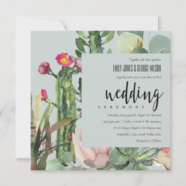 INVITATION GRAS BOHO ROSE FLORAL DESERT CACTI FOLIAGE MARIAGE (Devant)