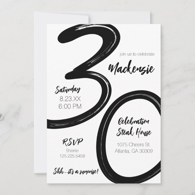 Invitation Gras Brush Stroke 30e anniversaire Surprise Party (Devant)