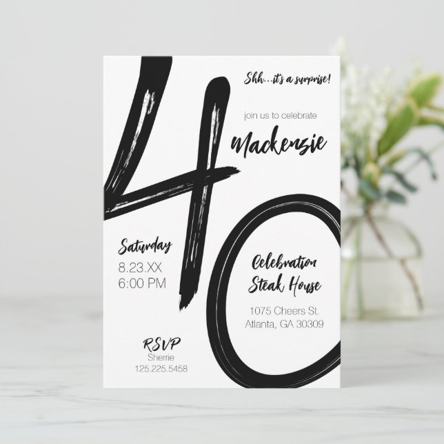 Invitation Gras Brush Stroke 40e anniversaire Surprise Party (Debout devant)