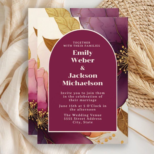 Invitation Gras Burgundy Plum Gold Floral Arch Mariage (Burgundy, plum and gold alcohol ink floral wedding invitation with an arch-shaped frame and border.)