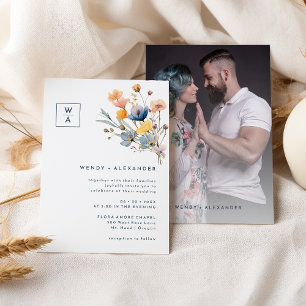 Invitation Gras Élégant Floral Monogram Crest Mariage Photo