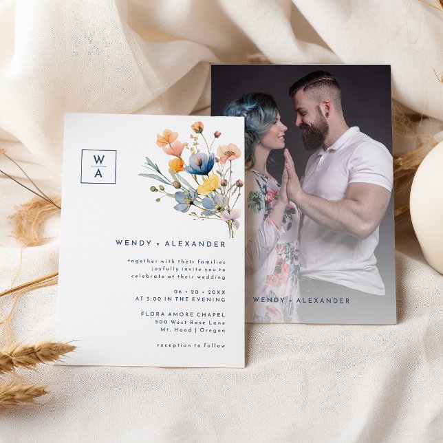 Invitation Gras Élégant Floral Monogram Crest Mariage Photo (Créateur téléchargé)