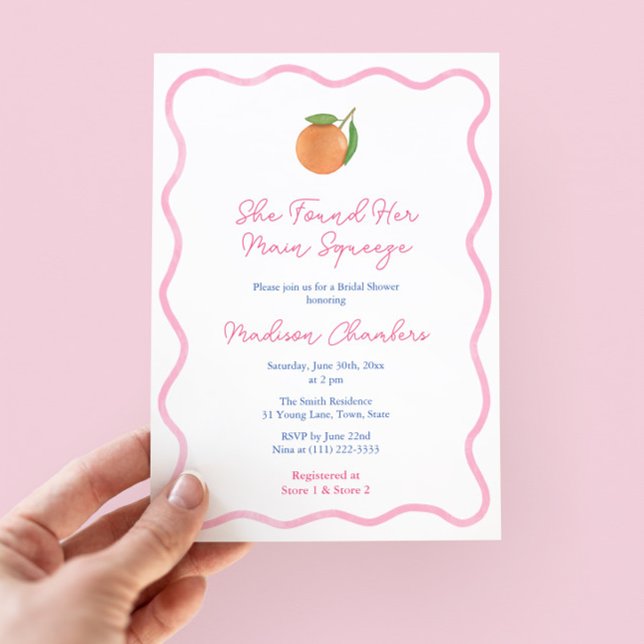 Invitation Gras Fête des mariées principale de la taille des  (Trendy wavy pink border bridal shower invitation with citrus orange and pink and white stripe backer)
