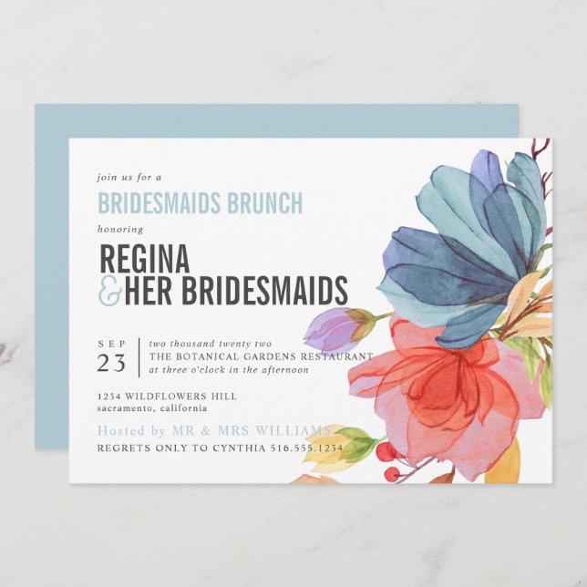 Invitation Gras Fleur sauvage Aqua Bridesmaitres Brunch Lunch (Devant / Derrière)