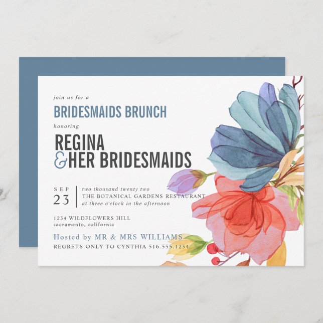 Invitation Gras Fleur sauvage Blue Bridesmaitres Brunch Lunch (Devant / Derrière)