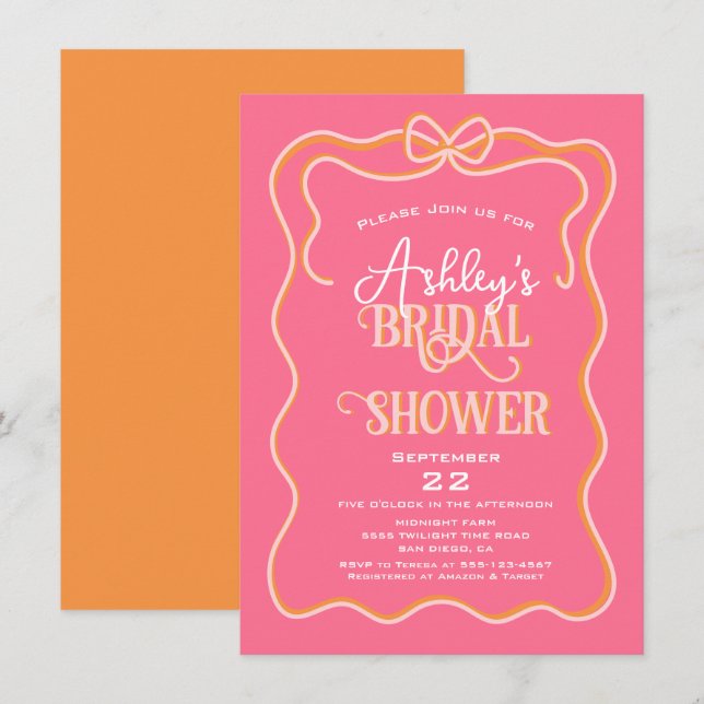 Invitation Gras Frame Bow rose orange Fête des mariées (Devant / Derrière)