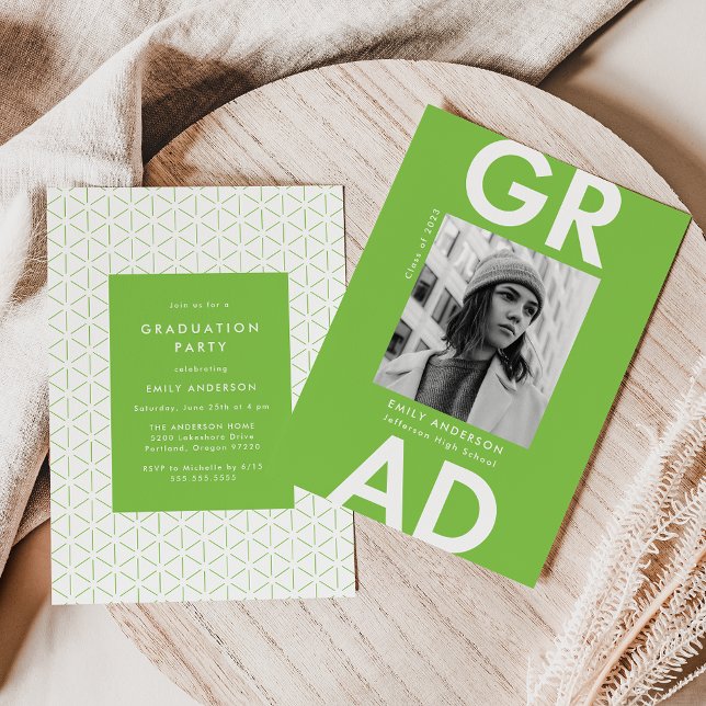 Invitation Gras Grad Lime Green Photo Party (Créateur téléchargé)