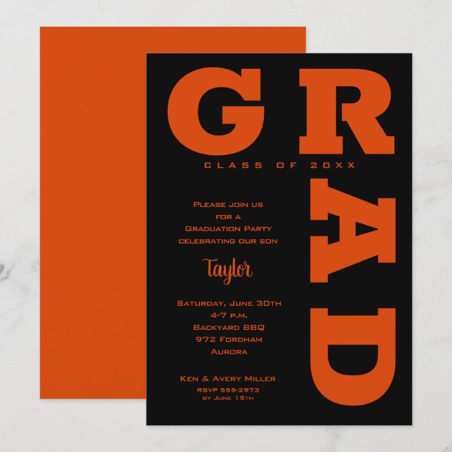 Invitation Gras GRAD Orange sur la Graduation Noire (Devant / Derrière)
