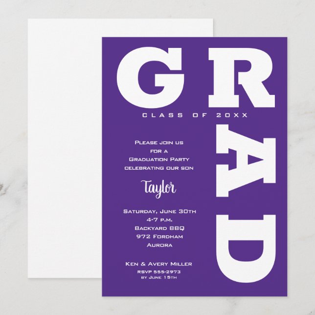 Invitation Gras GRAD Purple and White Graduation (Devant / Derrière)