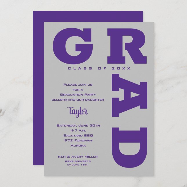 Invitation Gras GRAD Purple et Grey Graduation (Devant / Derrière)