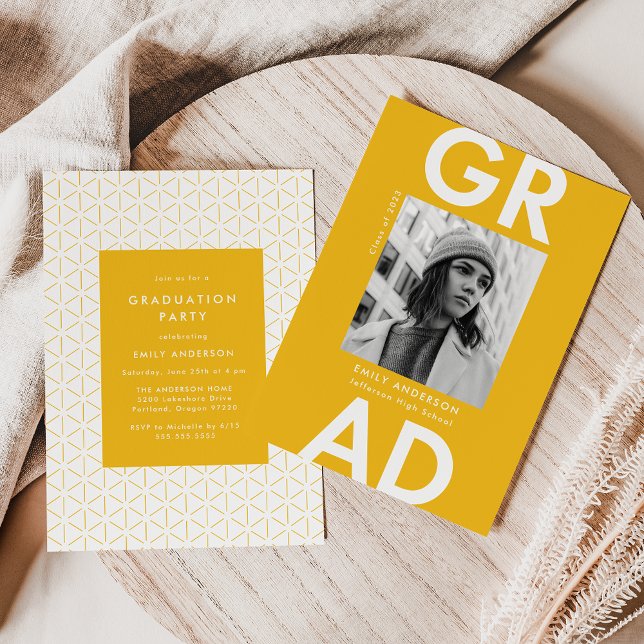 Invitation Gras Grad Yellow Photo Party (Créateur téléchargé)