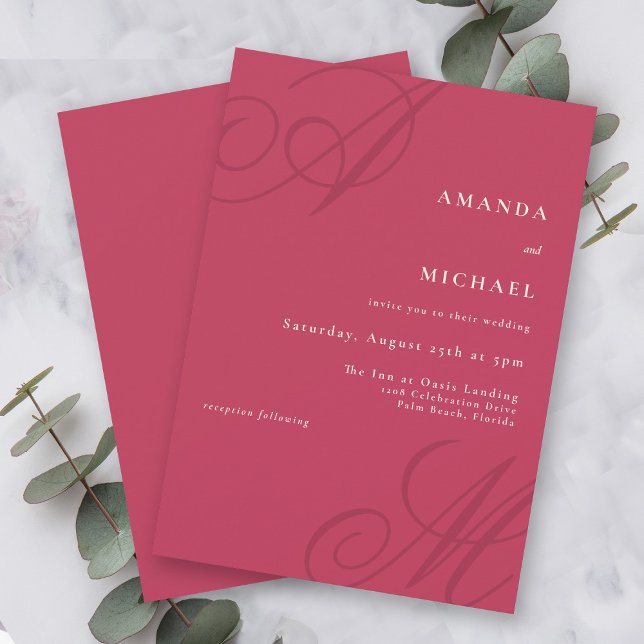 Invitation Gras Magenta Moderne Edge Élégant Mariage Monogram (Bold and bright magenta wedding invitation with minimalist styling.)