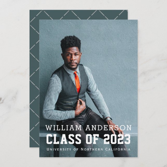 Invitation Gras Minimaliste Photo Bleu Diplôme Virtuel (Devant / Derrière)