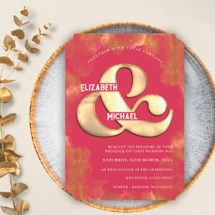 Invitation Gras Moderne Élégant Or Et Rose Mariage Magenta