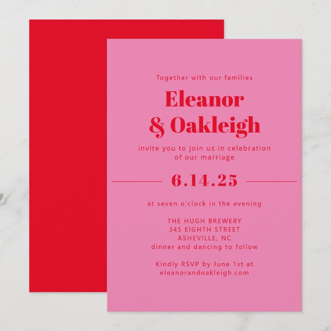 Invitation Gras moderne esthétique rose et Mariage rouge (Devant / Derrière)