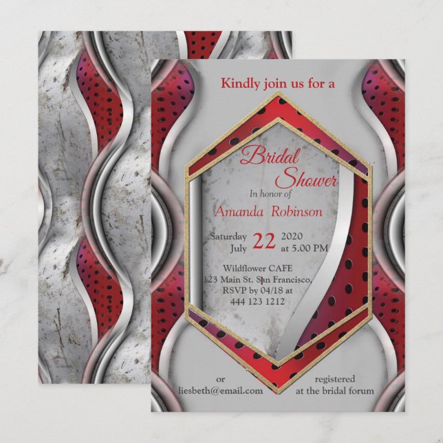 Invitation Gras Moderne Métallique 3D Texture Rouge Gris (Devant / Derrière)