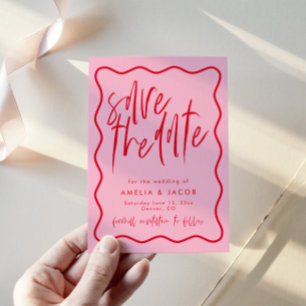 Invitation Gras Moderne Rouge Et Rose Enregistrer La Date