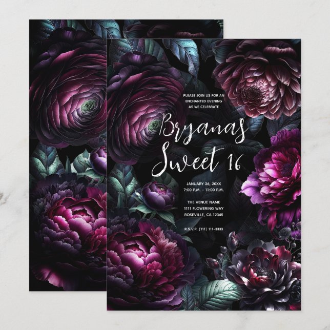 Invitation Gras Moody Flowers Black Enchanted Floral Sweet 16 (Devant / Derrière)