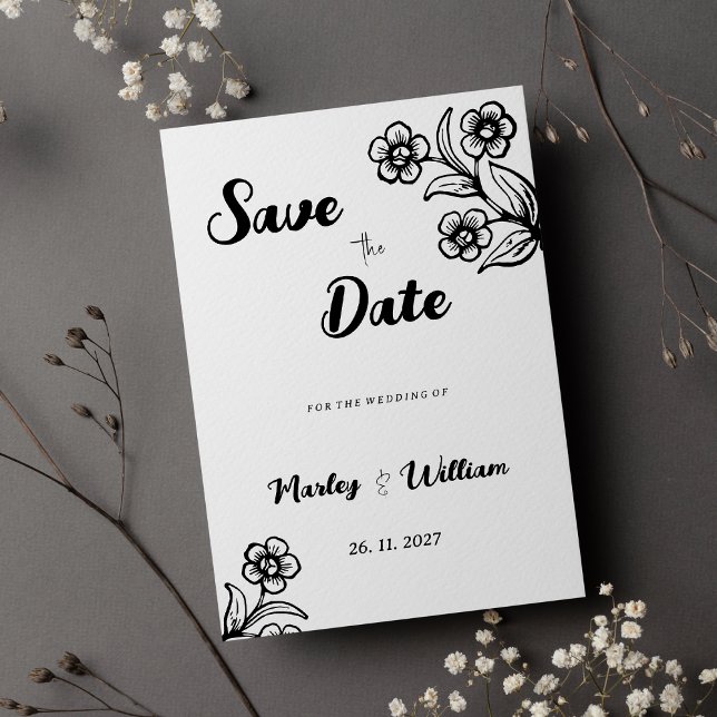 Invitation Gras noir blanc typographie floral Enregistrer la  (Bold black white typography floral Save the Date)