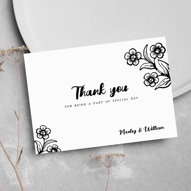 Invitation Gras noir blanc typographie Merci floral (Bold black white typography floral Thank You)