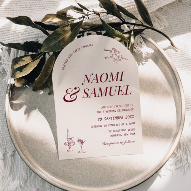 Invitation Gras Noms Arch Blush Wine Mariage (Créateur téléchargé)