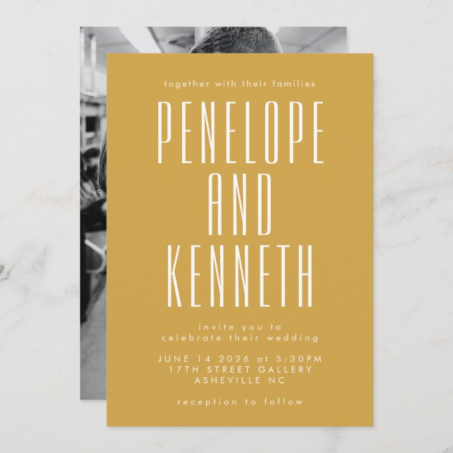 Invitation Gras Noms Typographie rétro Mariage photo jaune (Devant / Derrière)