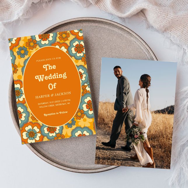 Invitation Gras Orange Fleurs Retro les années 70 Mariage pho (Créateur téléchargé)