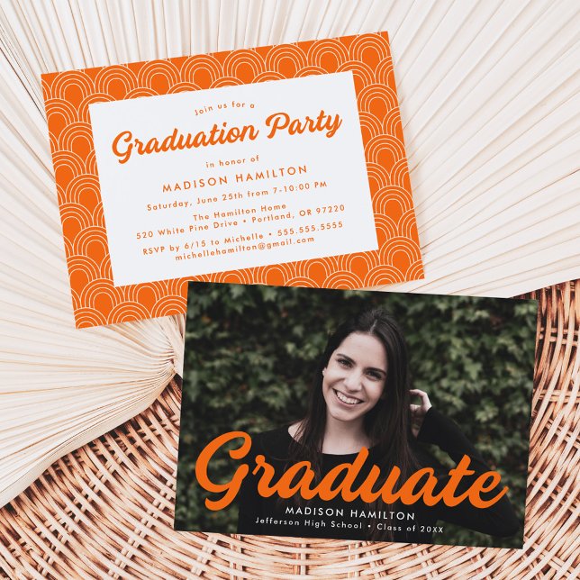Invitation Gras Orange Script Photo Graduation Party (Créateur téléchargé)