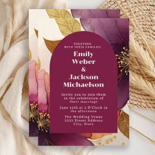 Invitation Gras Plum Gold Floral Arch Mariage