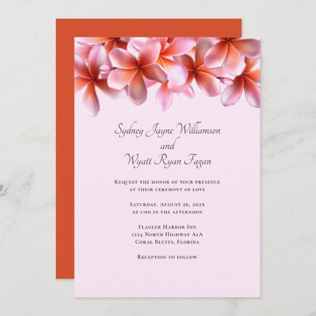 Invitation Gras Plumeria Bordure florale Mariage simple (Devant / Derrière)