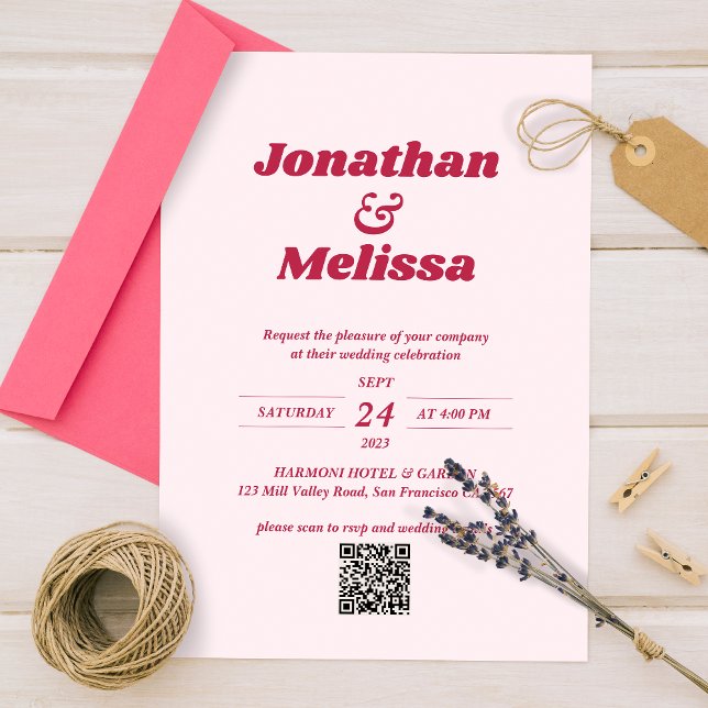 Invitation Gras Retro Chic Viva Magenta Pink QR Code Mariage (Créateur téléchargé)