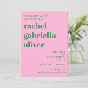 Invitation Gras Retro rose et vert Simple Bat mitzvah