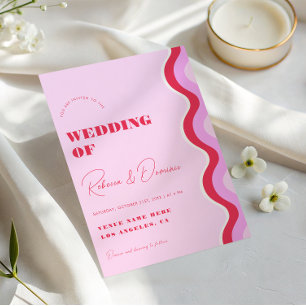 Invitation Gras Retro Wave rose et rouge photo QR Code Mariag