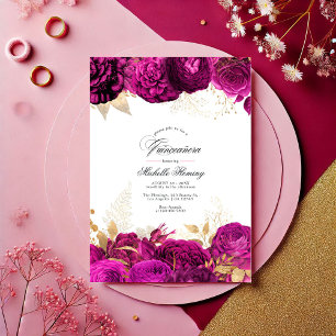 Invitation Gras Rose chaud et or Floral Quinceañera Photo