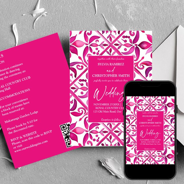 Invitation Gras rose magenta tuiles espagnoles tout en un mar (Hot pink magenta Spanish Talavera tiles all in one wedding Invitation template digital download)