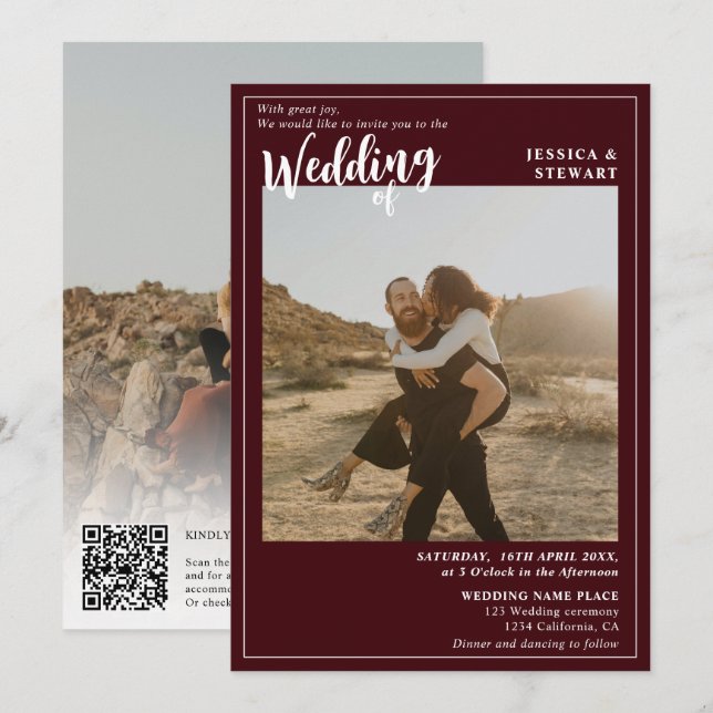 Invitation Gras rouge bordeaux mariage script photo code Qr (Devant / Derrière)