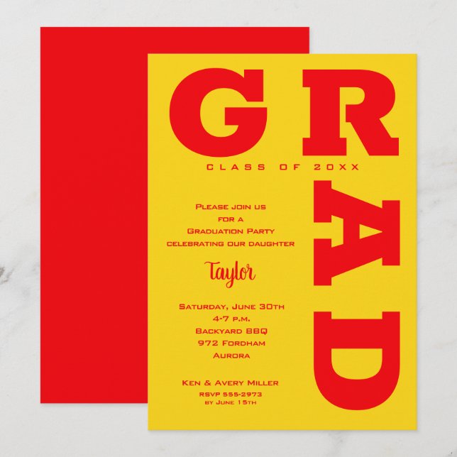 Invitation Gras rouge GRAD sur la graduation jaune (Devant / Derrière)