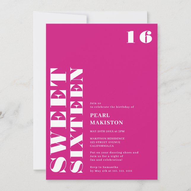 Invitation Gras simple néon rose doux 16 anniversaire (Devant)
