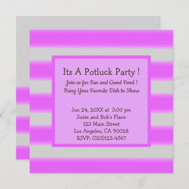 Invitation Gras Simple Stripes Pink Potluck Party (Devant / Derrière)