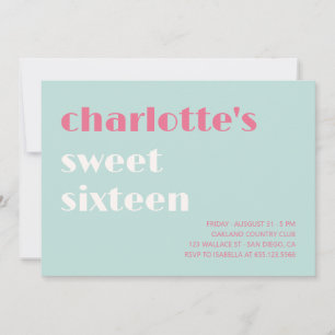 Invitation Gras typographique simple bleu Sweet sixteen rose