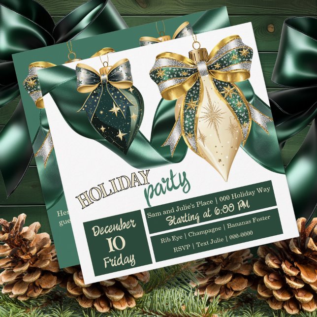 Invitation Gras Vert et Or Vacances Baubles avec Ruban (Bold Christmas baubles on your holiday party invite in pretty gold and green )