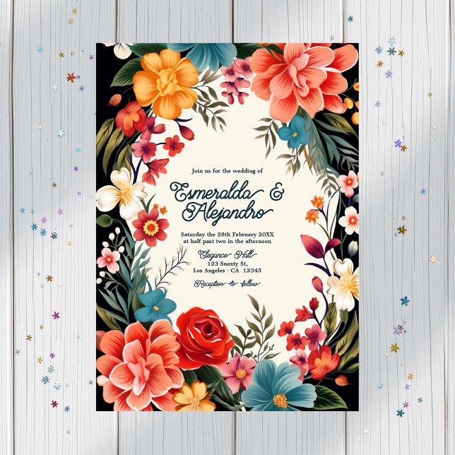 Invitation Gras Vibrant Floral Fiesta Mariage Photo & QR Code (Bold Vibrant Floral Fiesta Wedding Photo & QR Code Invitation)