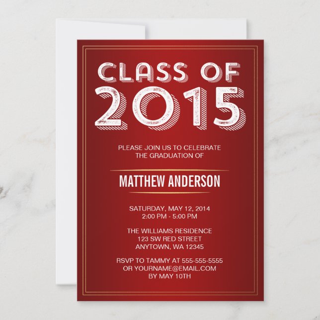 Invitation Gras Vintage Red Gold 2015 Graduation (Devant)
