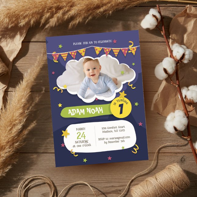 Invitation Gras violet vert Confetti 1er Anniversaire Photo (Créateur téléchargé)