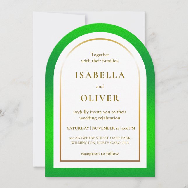 Invitation Grass green and golden gradient frame wedding (Devant)