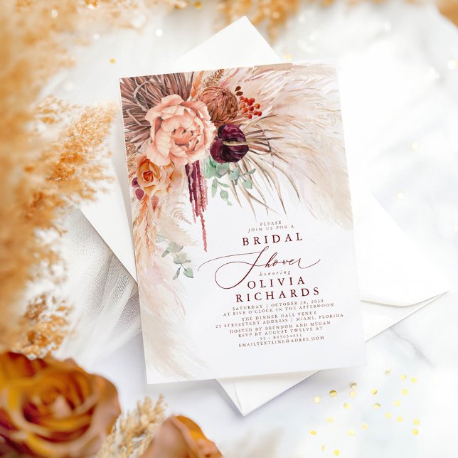 Invitation Grass Terracotta Floral Bridal Shower (Terracotta Flowers and Dried Pampas Grass Boho Bridal Shower Invitations)