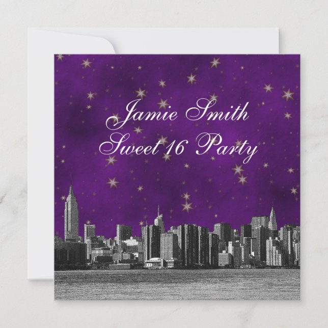 Invitation Gravé #3 Skyline de NYC Violet Or Étoile Sweet 16 (Devant)