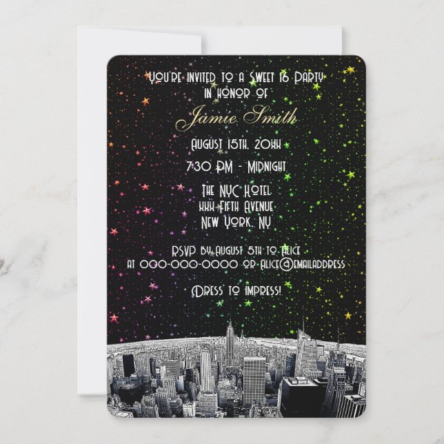 Invitation Grave NYC Skyline 2 Arc-en-Ciel Sweet 16 V (Devant)