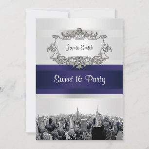Invitation Gravé NYC Skyline 2 Blanc, Ruban Bleu Sweet 16