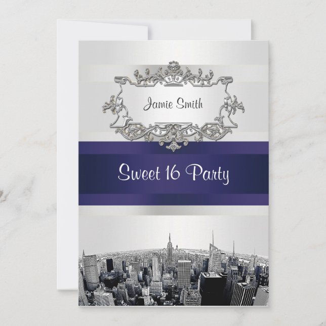 Invitation Gravé NYC Skyline 2 Blanc, Ruban Bleu Sweet 16 (Devant)